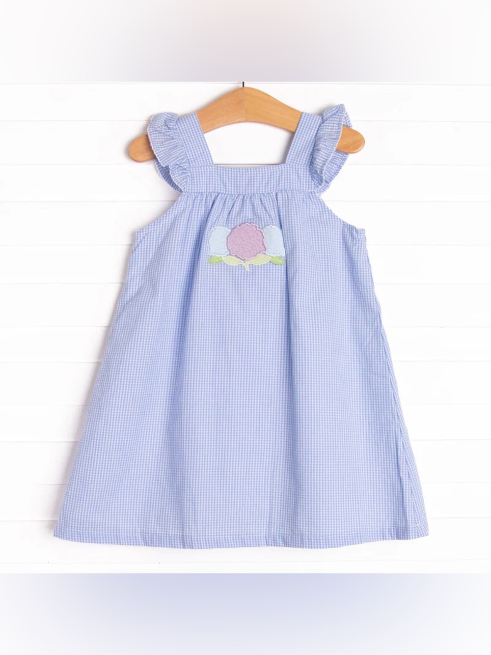 Stitchy Fish Girls Blue Gingham Hydrangea Applique Dress Ruffle Sleeve Size 4